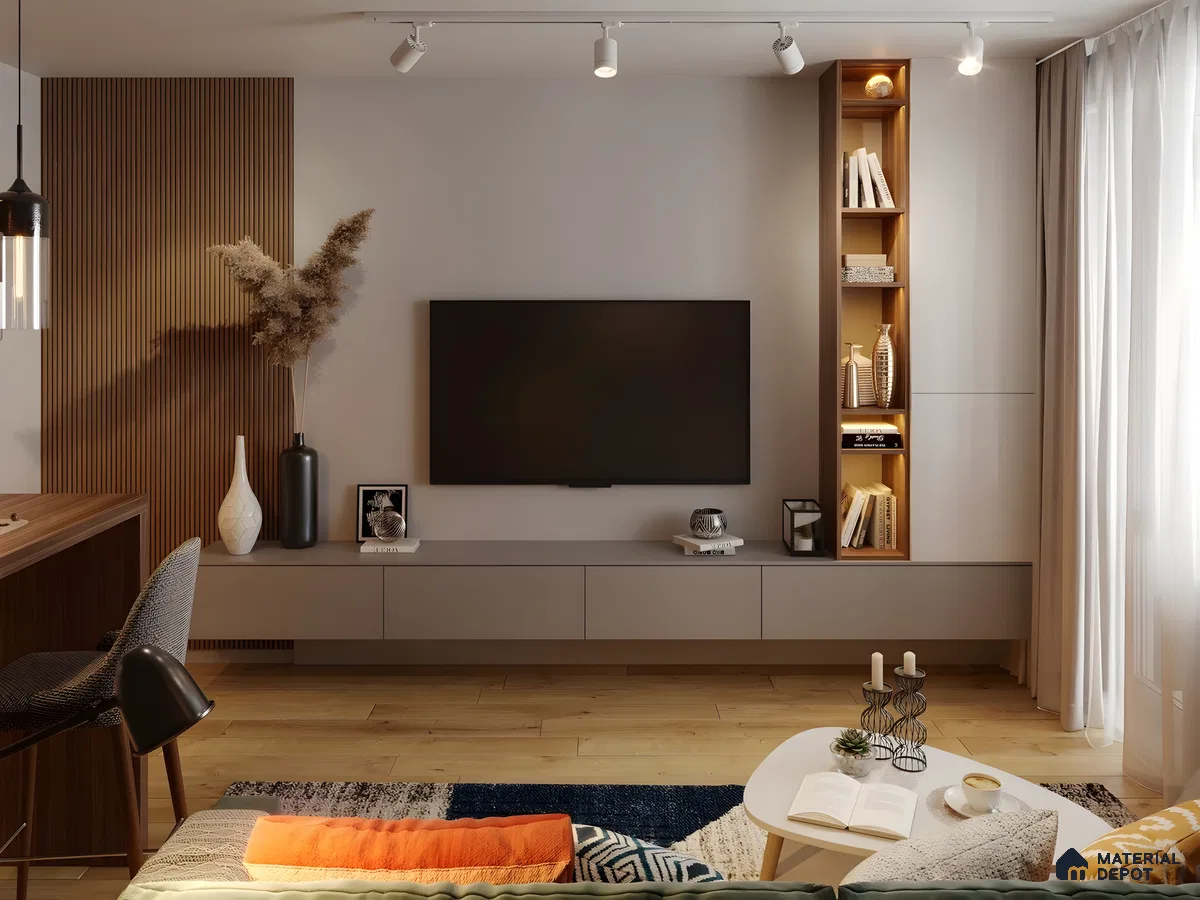 Cozy Contemporary Tv Wall With Fluted Wood Panel And Lit Vertical Bookshelf | Material Depot
