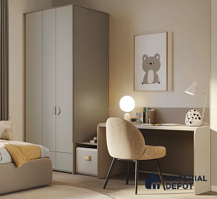 Cozy Kids' Room with Minimalist Wardrobe and Study Desk | Material Depot