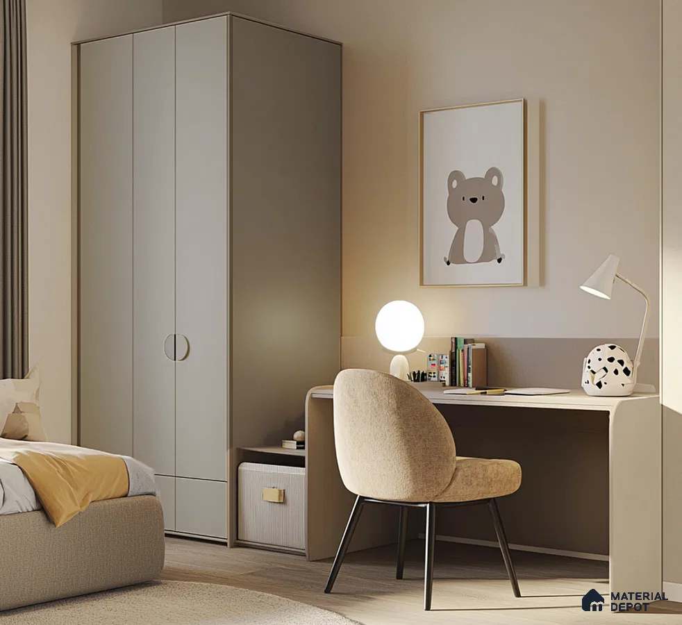Cozy Kids' Room with Minimalist Wardrobe and Study Desk | Material Depot