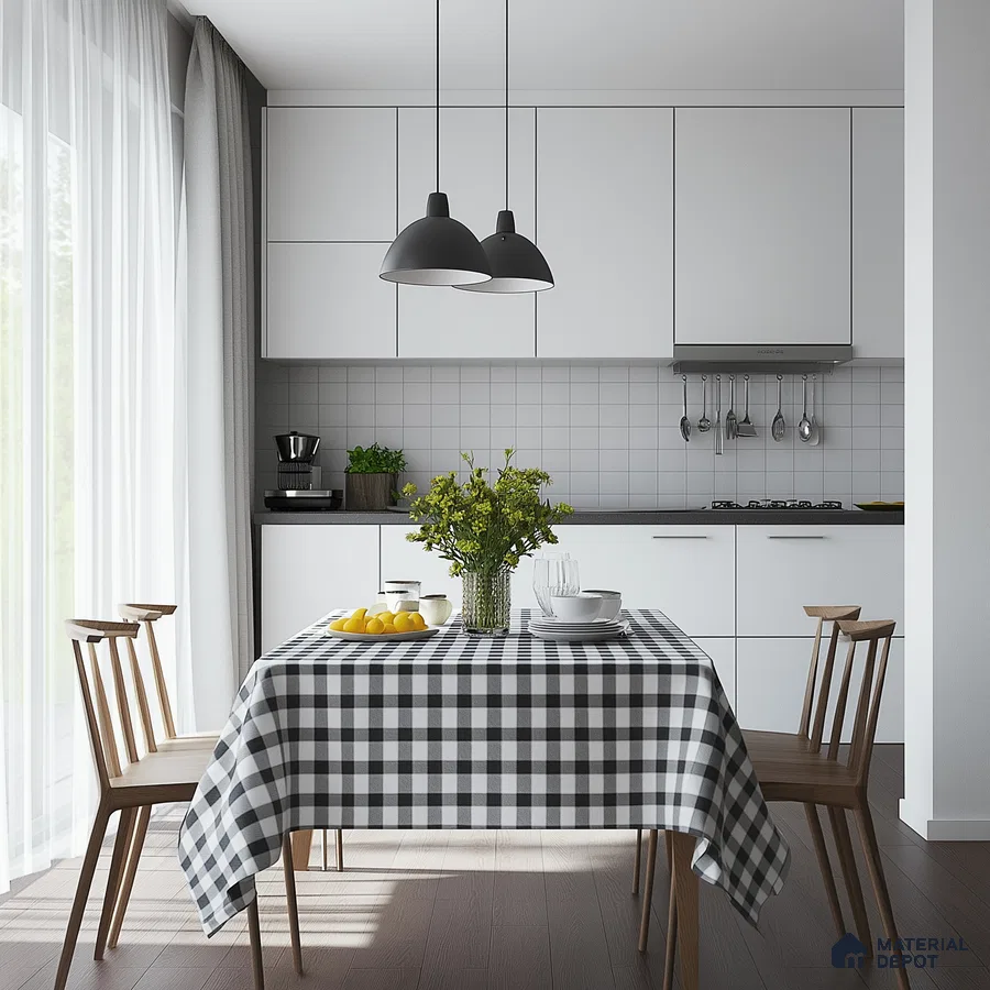 Cozy Kitchen Dining Area with Checkered Tablecloth and Natural Light | Material Depot