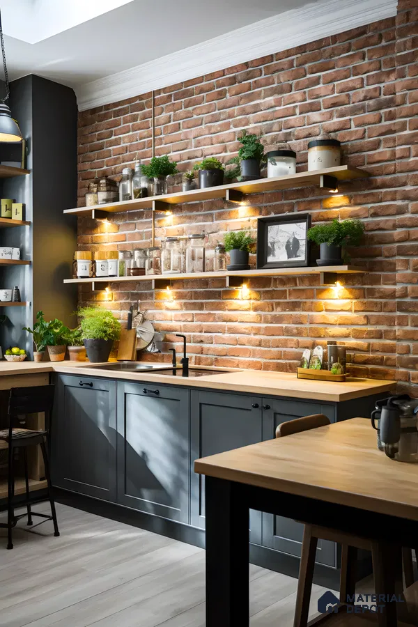 Cozy kitchen with exposed brick backsplash, warm wood shelves, and elegant gray cabinetry. | Material Depot