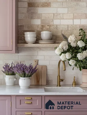Cozy Kitchen with Lavender Accents, Rustic Features, and a Farmhouse Sink for a Welcoming Vibe | Material Depot