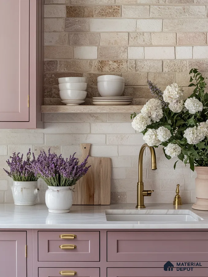 Cozy Kitchen with Lavender Accents, Rustic Features, and a Farmhouse Sink for a Welcoming Vibe | Material Depot