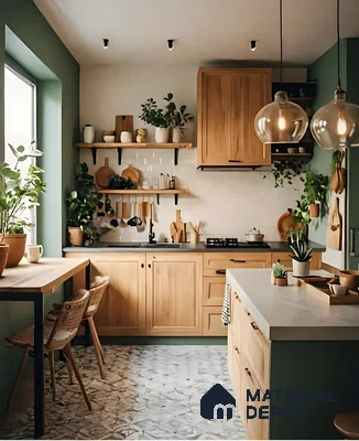 Cozy Kitchen with Natural Wood and Green Accents | Material Depot