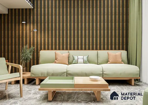 Cozy Living Room with Dual Tone Louvers and Pastel Green Sofa | Material Depot