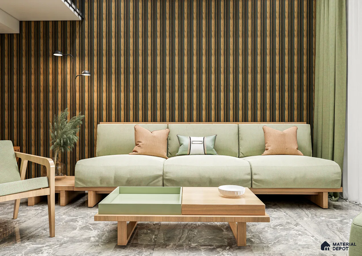 Cozy Living Room with Dual Tone Louvers and Pastel Green Sofa | Material Depot