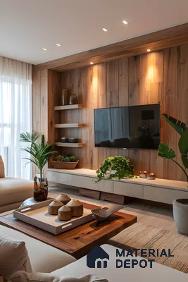 Cozy TV Unit with Wood-Paneled Wall and Natural Elements | Material Depot