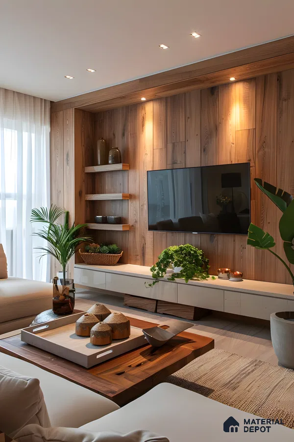 Cozy TV Unit with Wood-Paneled Wall and Natural Elements | Material Depot