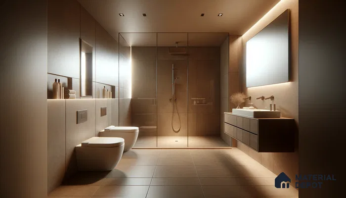 Cozy Minimalist Bathroom with Harmonious Earth Tones and Ambient Light | Material Depot