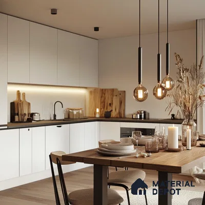 Cozy Minimalist Kitchen-Dining Area with Warm Lighting | Material Depot