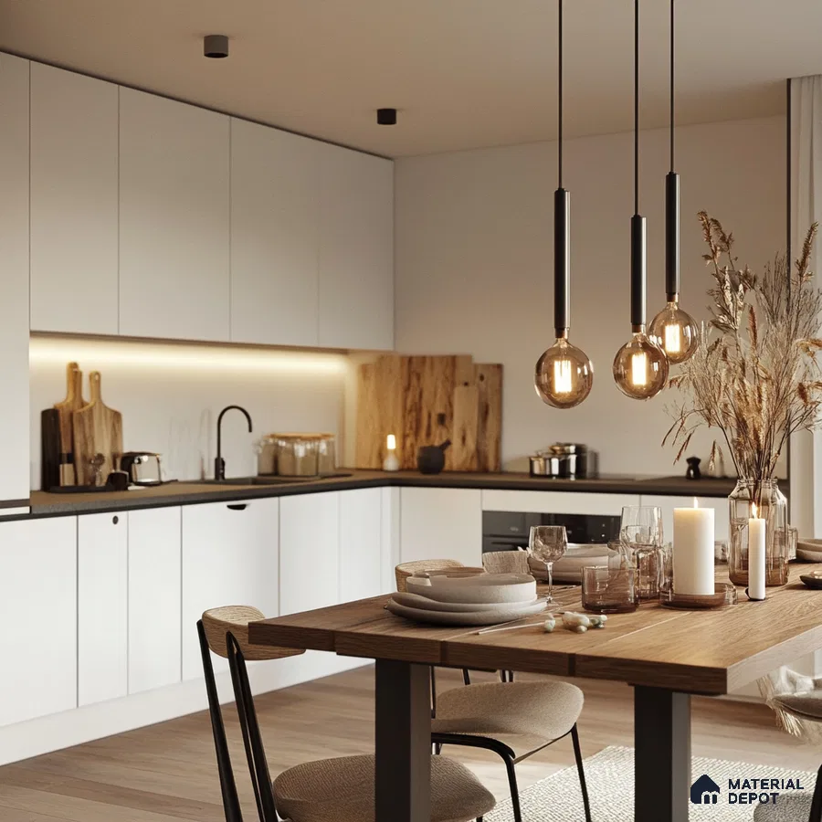 Cozy Minimalist Kitchen-Dining Area with Warm Lighting | Material Depot