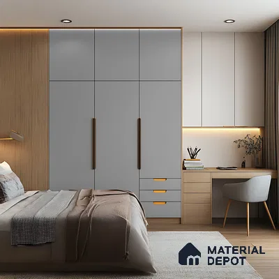 Cozy Modern Bedroom with Grey Wardrobe and Built-In Study Nook | Material Depot