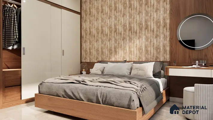 Cozy Modern Bedroom with Rustic Brown Fluted Accent Wall | Material Depot