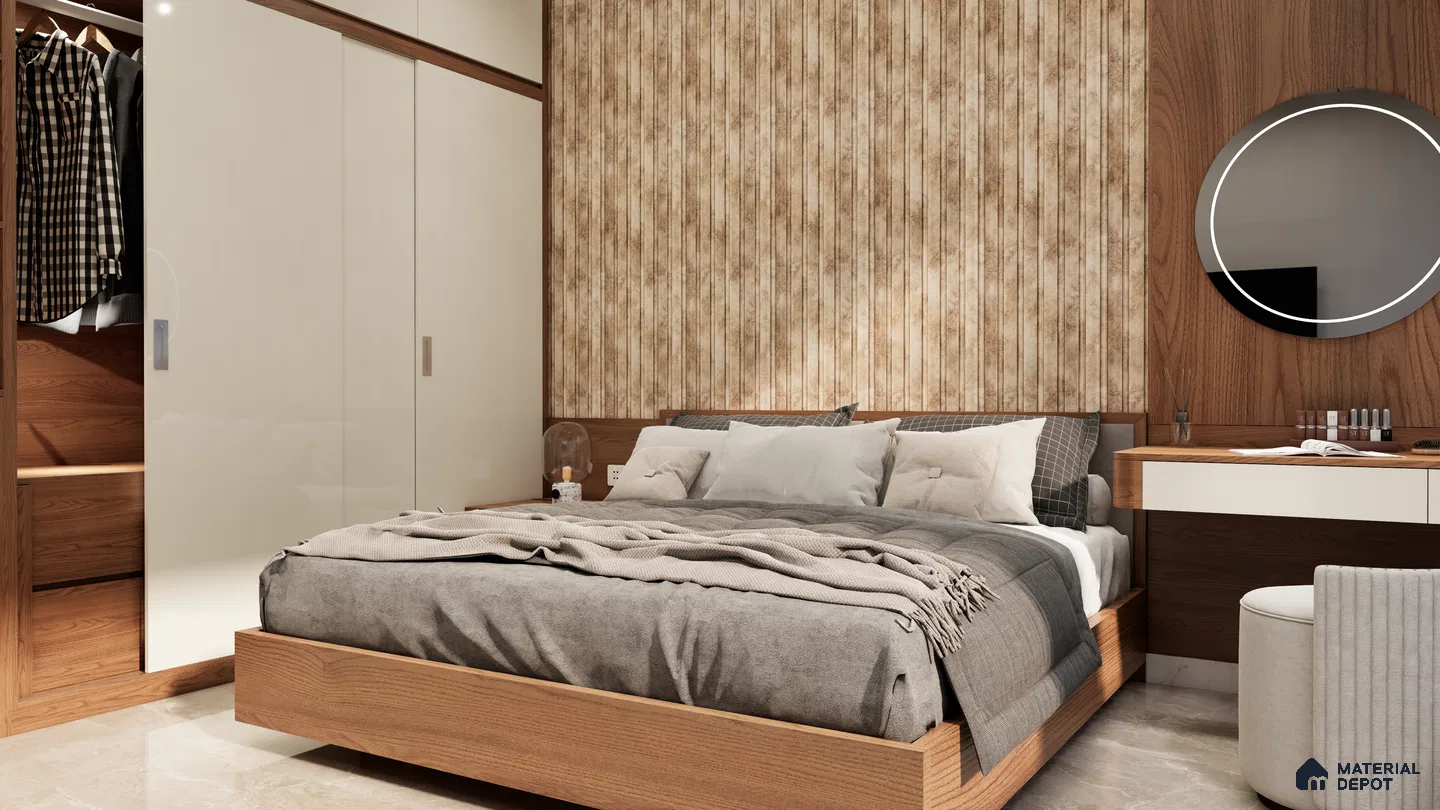Cozy Modern Bedroom with Rustic Brown Fluted Accent Wall | Material Depot