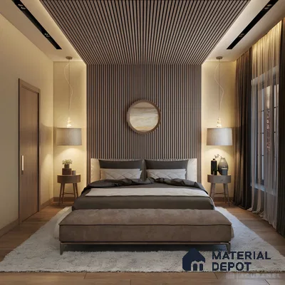 Cozy Modern Bedroom With Vertical And Ceiling Fluted Panels In Warm Wood Tones | Material Depot