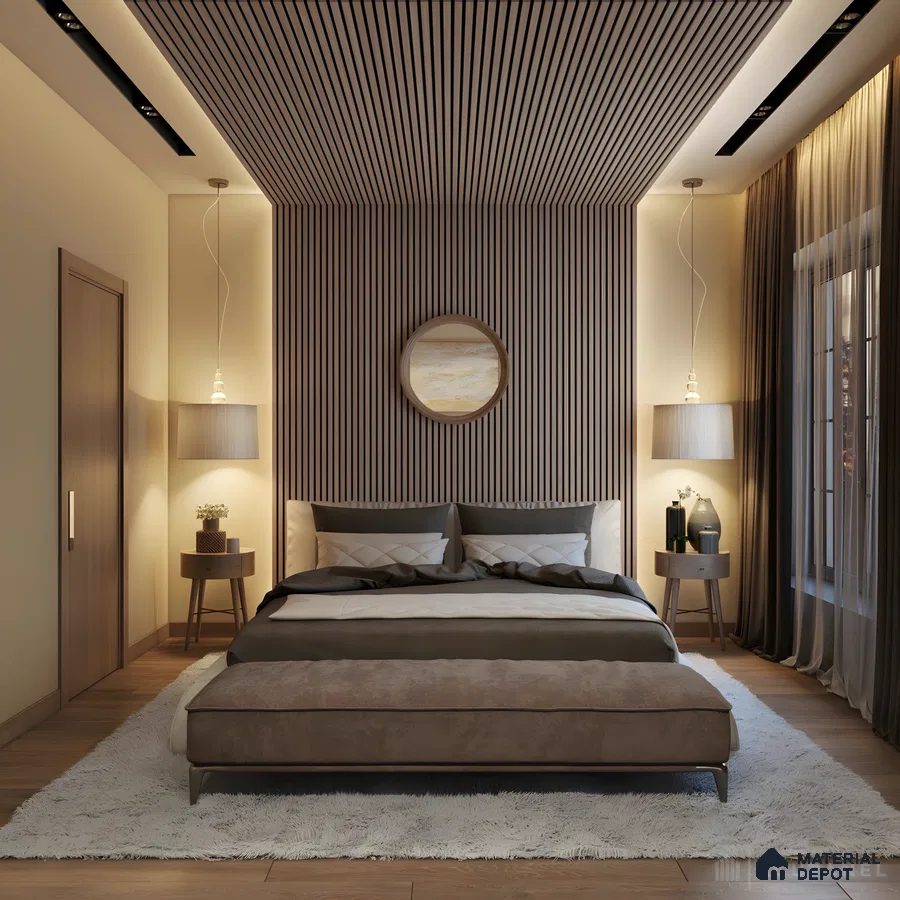 Cozy Modern Bedroom With Vertical And Ceiling Fluted Panels In Warm Wood Tones | Material Depot