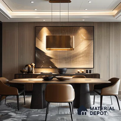 Cozy Modern Dining room with Rattan Headboard and Neutral Tones | Material Depot
