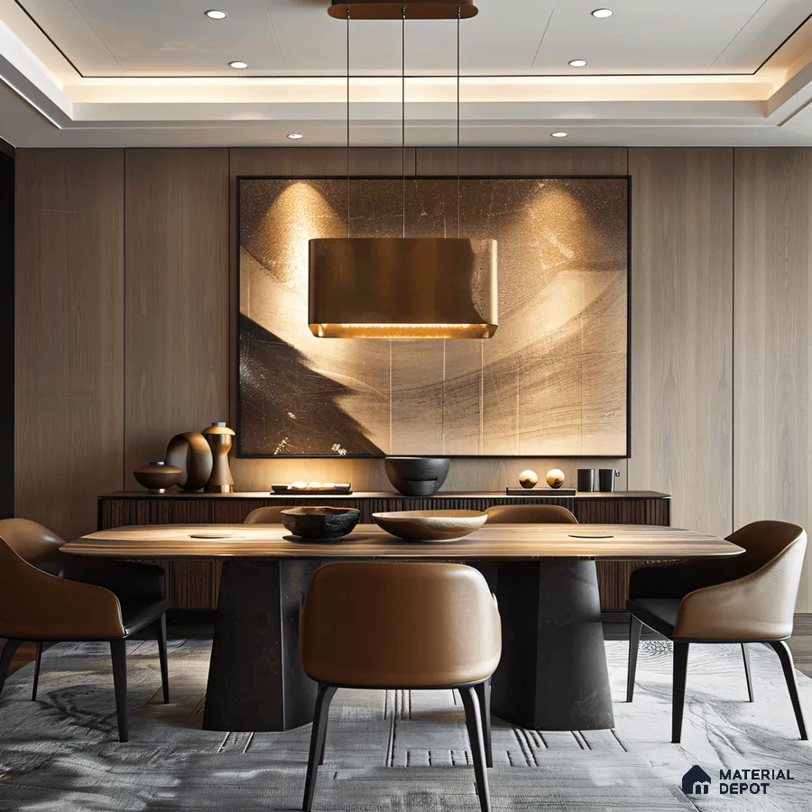 Cozy Modern Dining room with Rattan Headboard and Neutral Tones | Material Depot