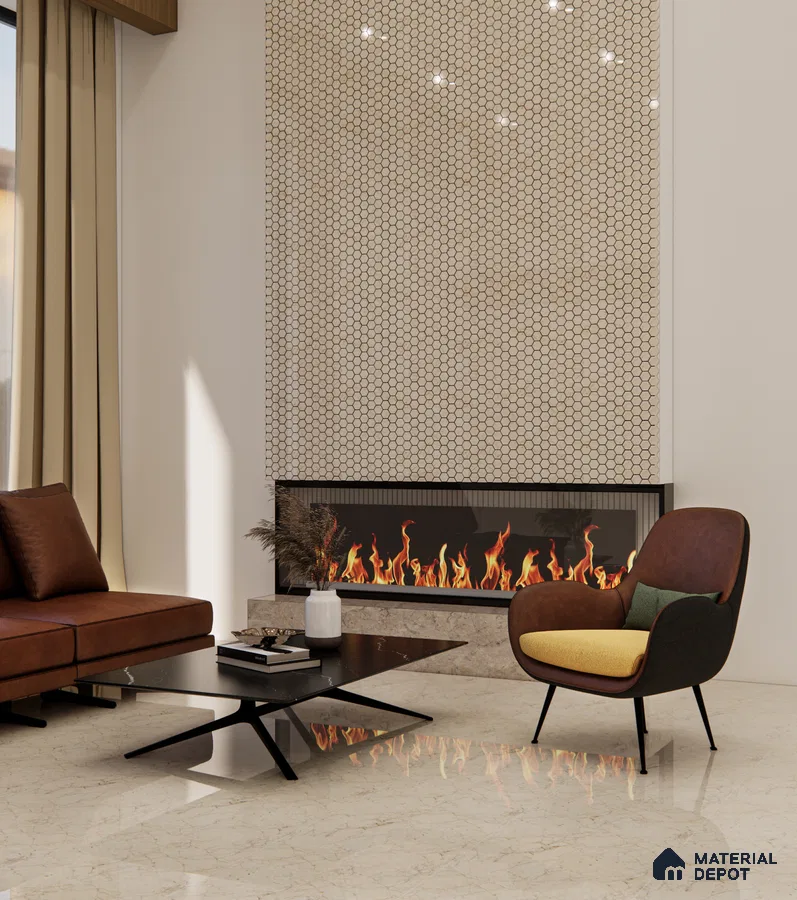Cozy Modern Living Room with Hexagonal Tile Fireplace | Material Depot