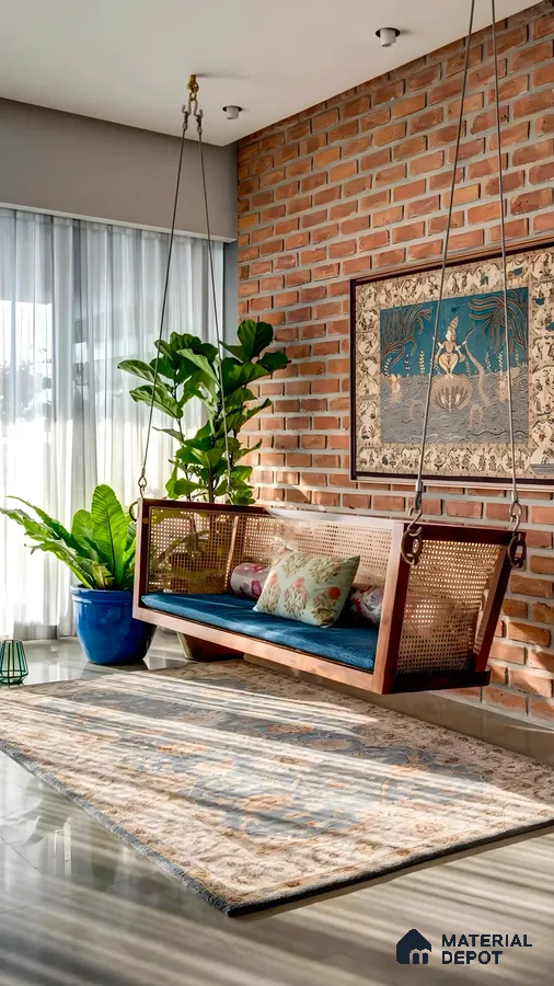 Cozy Modern Living Space with Exposed Brick and Natural Elements | Material Depot