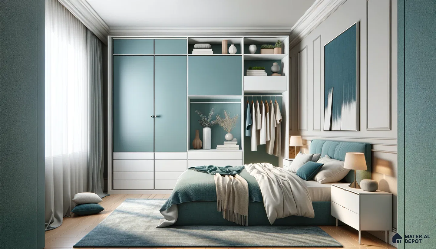 Cozy Modern Retreat with Soothing Blues and Refined Storage Solutions | Material Depot