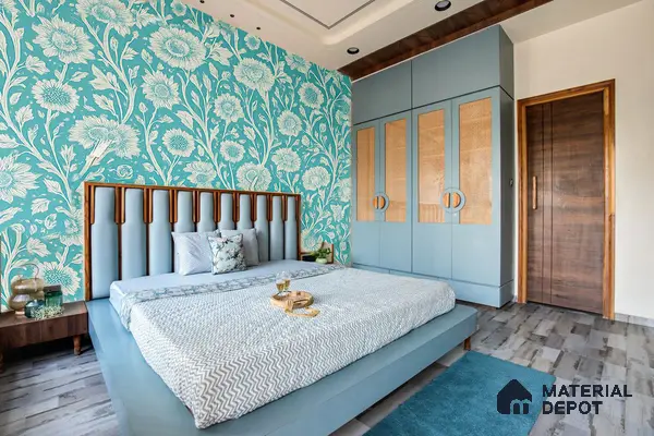 Cozy Pastel Bedroom with Sky Blue Wallpaper, Wooden Accents & Low Platform Bed | Material Depot