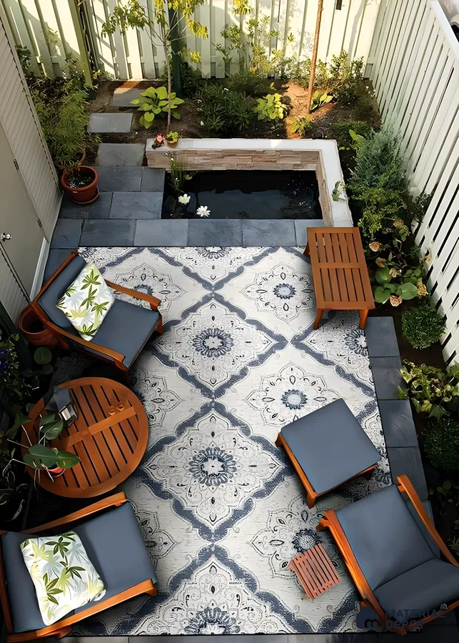 Cozy Patio with Outdoor Rug and Water Feature | Material Depot