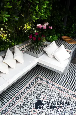 Cozy Patio with Patterned Tiles and Outdoor Seating | Material Depot