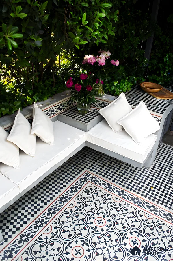 Cozy Patio with Patterned Tiles and Outdoor Seating | Material Depot