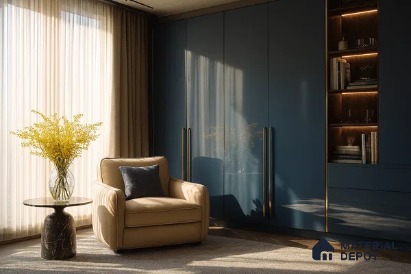 Cozy Reading Corner with Blue Glossy Laminate Wardrobe and Open Lit Shelving | Material Depot