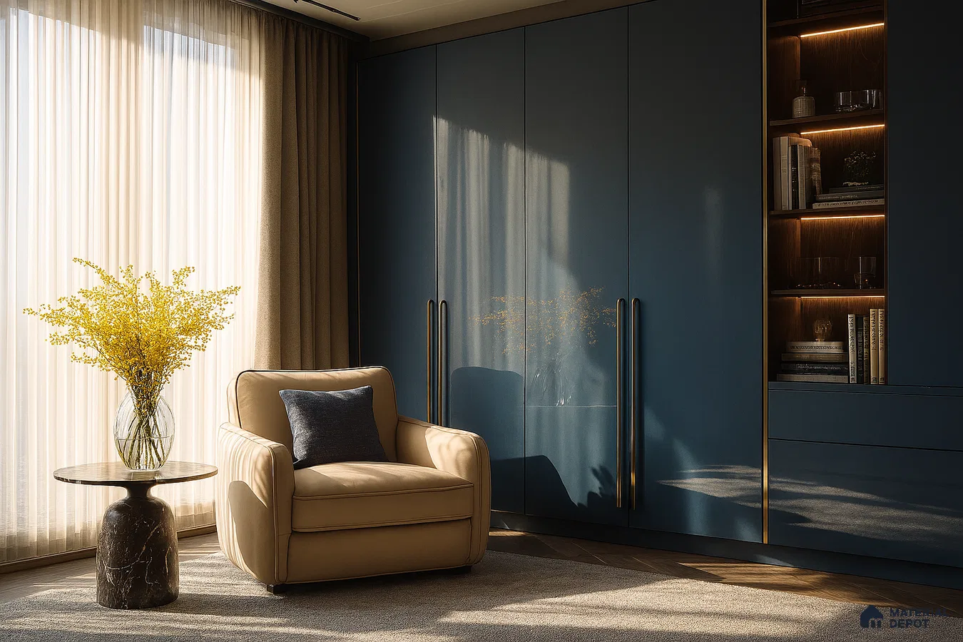 Cozy Reading Corner with Blue Glossy Laminate Wardrobe and Open Lit Shelving | Material Depot
