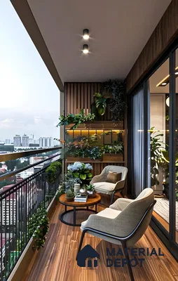 Cozy Urban Balcony with Wooden Accents and Vertical Garden | Material Depot