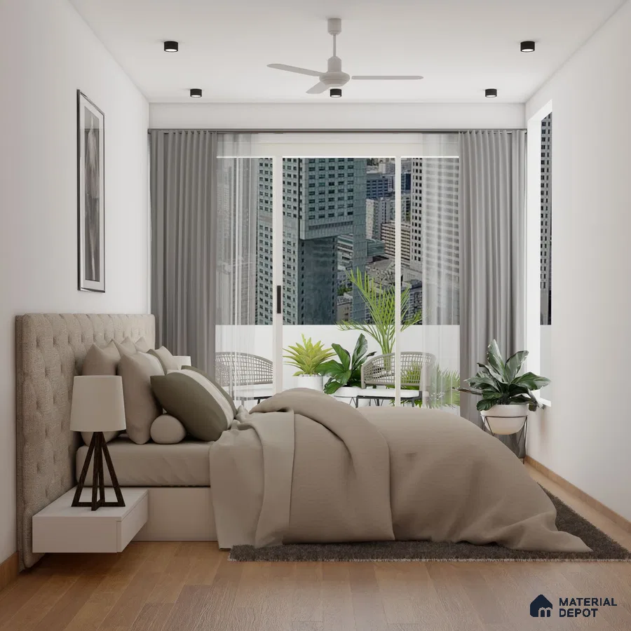 cozy and modern bedroom with a beige bed, a tufted headboard, green plants, and a large window with a city view.