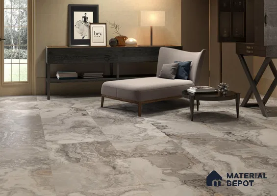 Living room with grey marble tile floor and wenge laminate cabinet