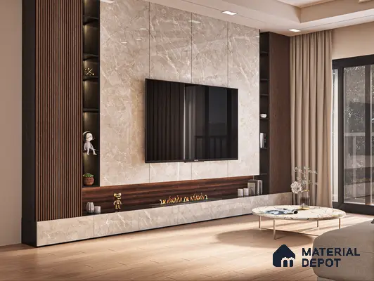Luxury TV Unit With White Marble Laminate And Natural Wood Finishes | Material Depot
