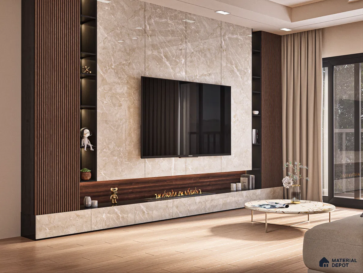 Luxury TV Unit With White Marble Laminate And Natural Wood Finishes | Material Depot