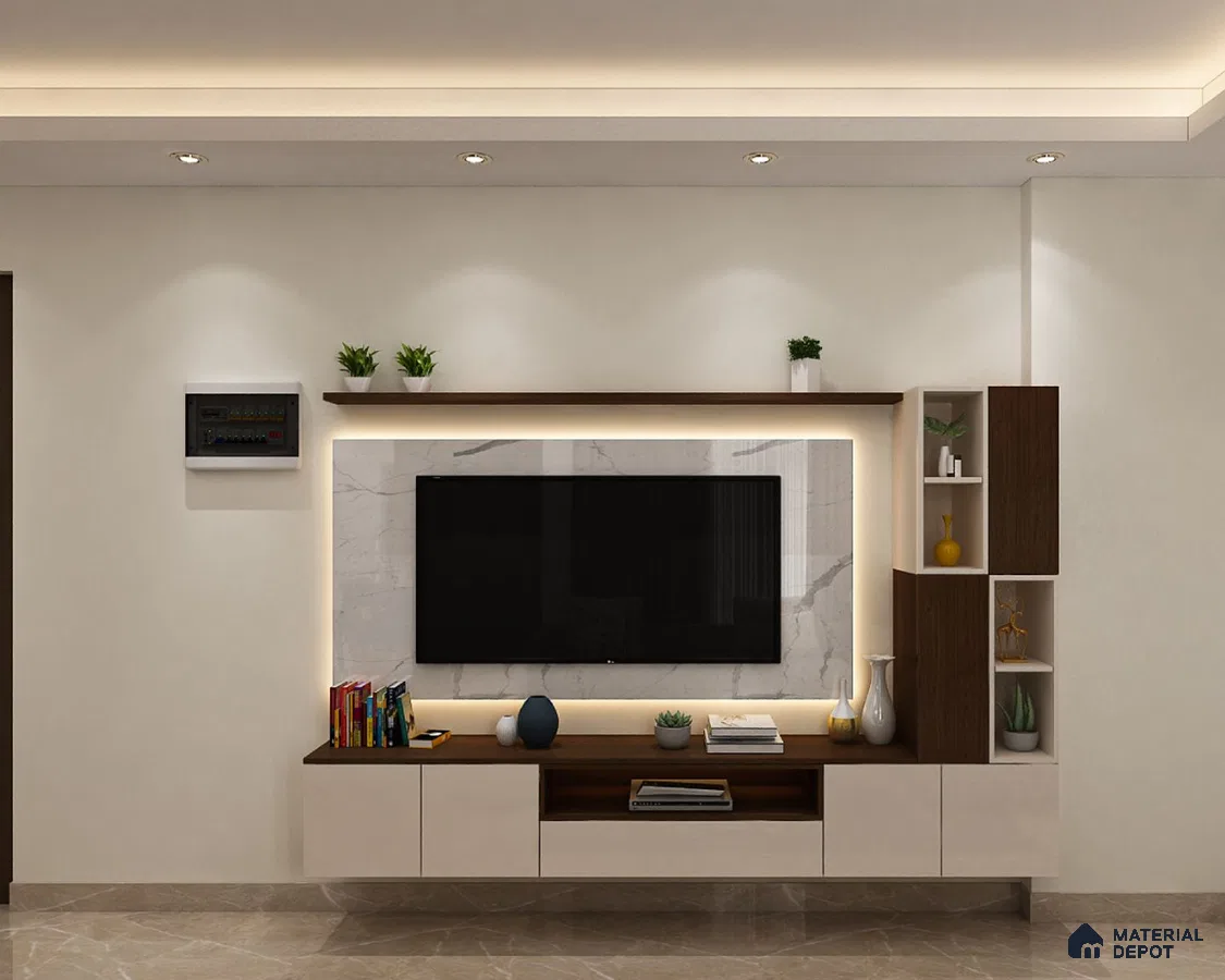 Modern TV Unit with Cream & Wooden Shutters.