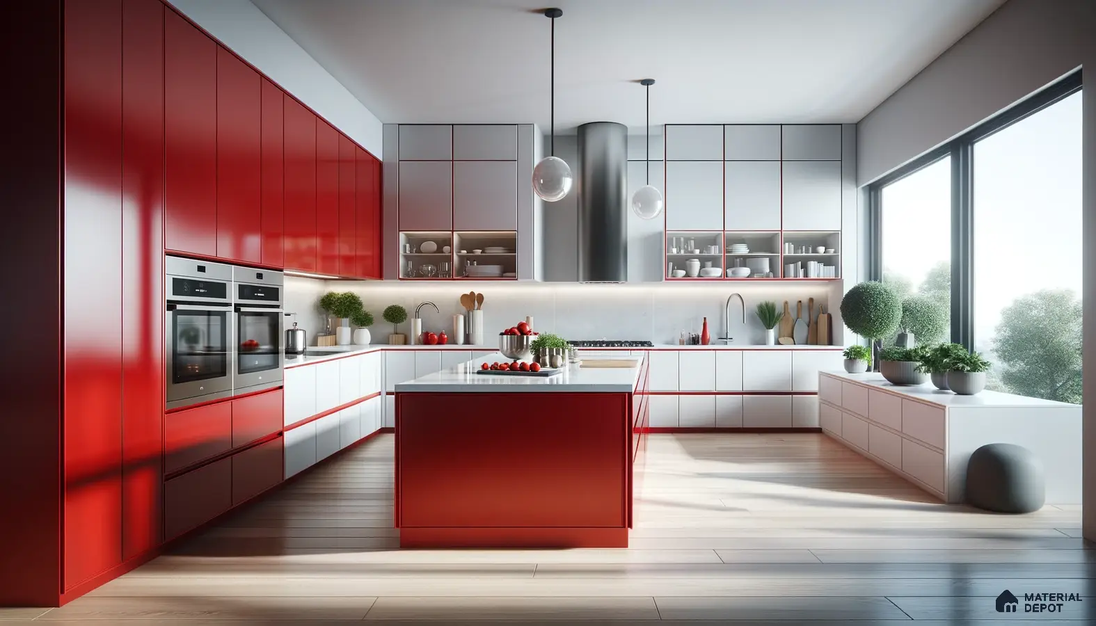 Crimson Brilliance: Sleek Modern Kitchen with Bold Color Statement | Material Depot
