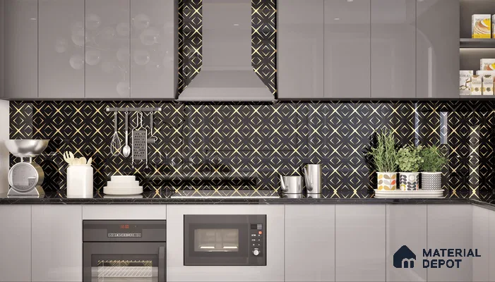Sleek kitchen with black and gold glass highlighter tile backsplash.