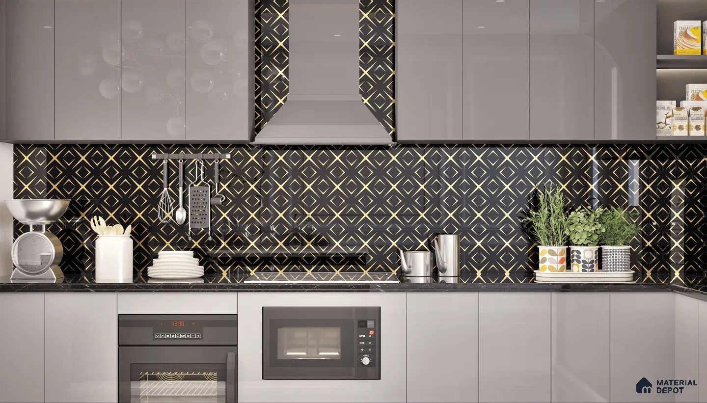 Sleek kitchen with black and gold glass highlighter tile backsplash.