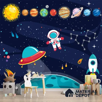 A close-up of a Solar System Space Theme Kids Room Wallpaper, Customised, Blue Sparkla N Shine Series Space Design (Customised Size Wallpaper) with a finish available at Material Depot in Bangalore