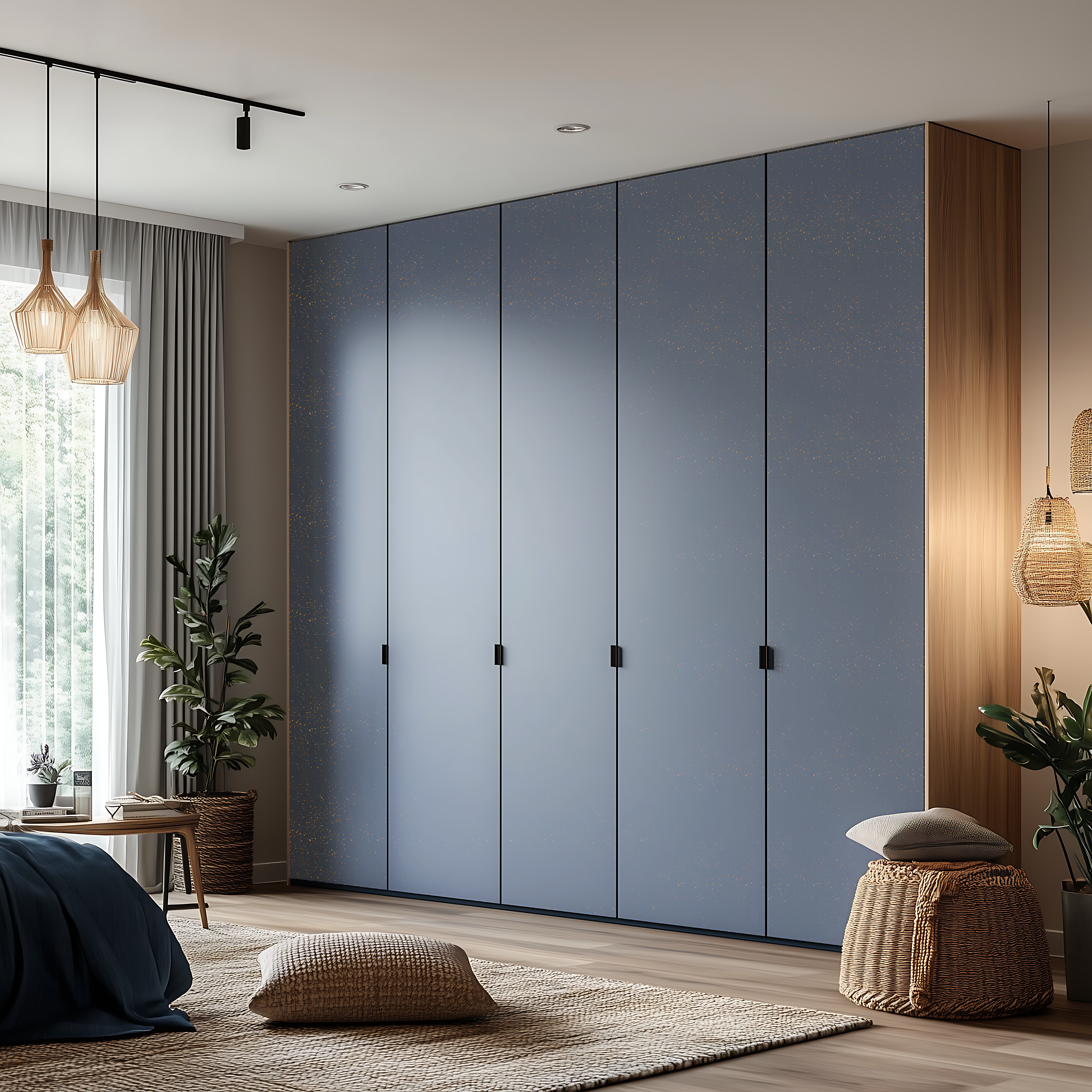 Custom Blue Wardrobe with Wood Accents in a Cozy Boho Bedroom | Material Depot