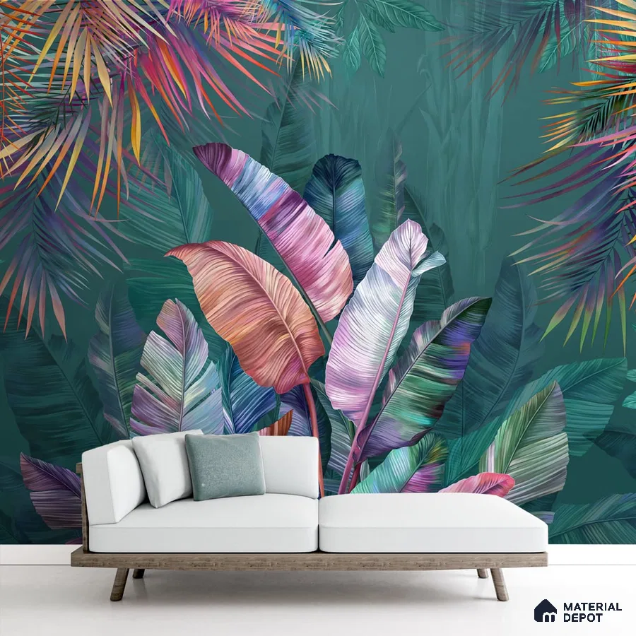 A close-up of a Tropical Theme Customised Wallpaper Design Indrani Series Soft Feel Tropical Design (Customised Size Wallpaper )available at Material Depot in Bangalore