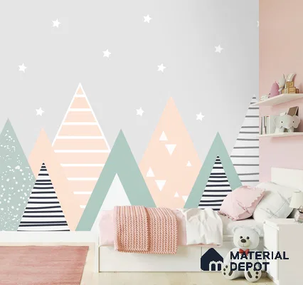 A close-up of a Cute Mountains Wallpaper for Kids Room Sparkla N Shine Series Entertainment Design (Customised Size Wallpaper) with a finish available at Material Depot in Bangalore