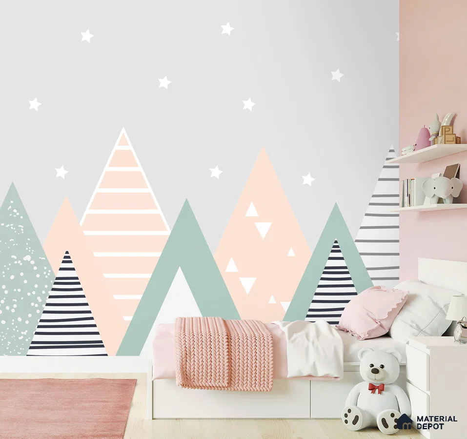 A close-up of a Cute Mountains Wallpaper for Kids Room Sparkla N Shine Series Entertainment Design (Customised Size Wallpaper) with a finish available at Material Depot in Bangalore