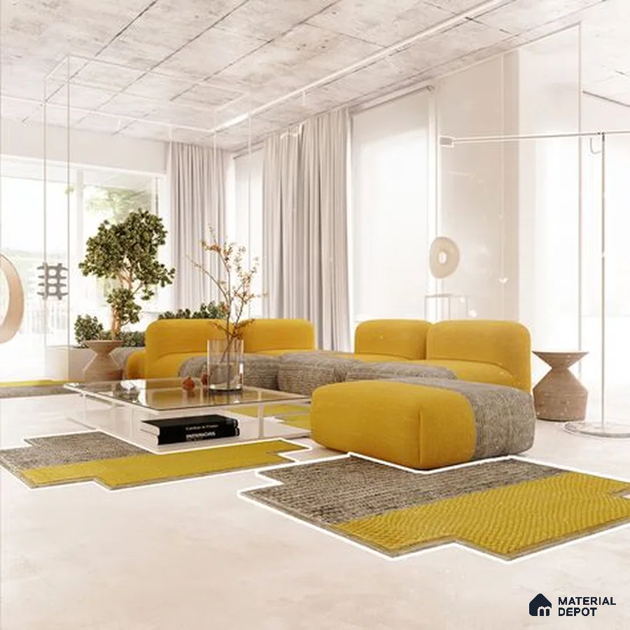 A fusion living room combining minimalist design with bohemian decor elements.