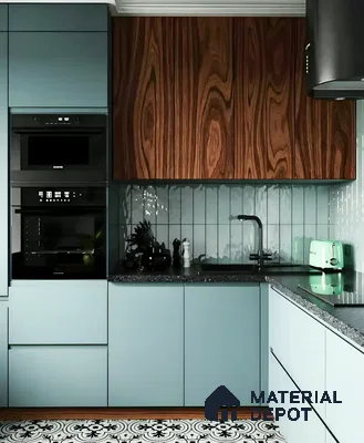 Glossy Island Kitchen with Dark Accents and Floor-to-Ceiling Windows | Material Depot