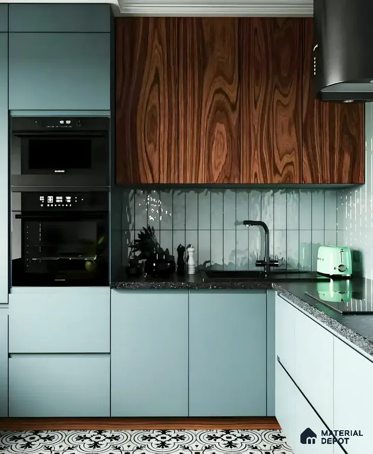 Glossy Island Kitchen with Dark Accents and Floor-to-Ceiling Windows | Material Depot
