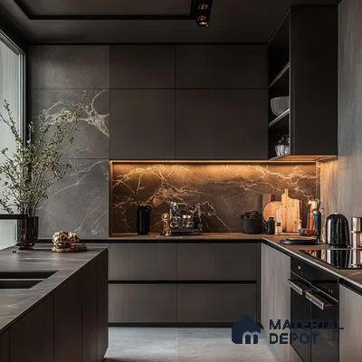 Dark Elegance: Chic Kitchen Design with Gold Marble Backsplash and Muted Tones | Material Depot
