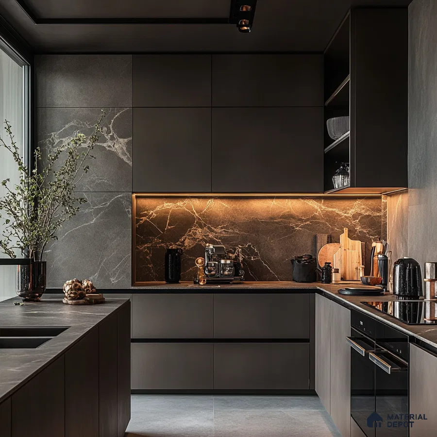 Dark Elegance: Chic Kitchen Design with Gold Marble Backsplash and Muted Tones | Material Depot